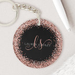 Rose Gold Blush Pink Glitter Glam Monogram Name Keychain<br><div class="desc">Glam Rose Gold Glitter Elegant Monogram Keychain. Easily personalize this trendy chic keychain design featuring elegant rose gold sparkling glitter on a black background. The design features your handwritten script monogram with pretty swirls and your name.</div>