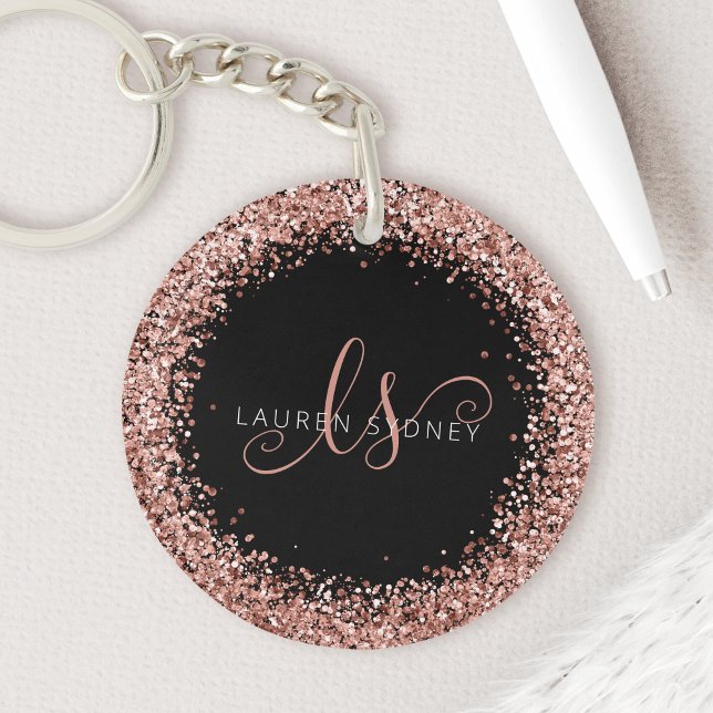 Rose Gold Blush Pink Glitter Glam Monogram Name Keychain (Creator Uploaded)