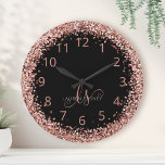 Rose Gold Blush Pink Glitter Glam Monogram Name Large Clock<br><div class="desc">Glam Rose Gold Glitter Elegant Monogram Clock. Easily personalize this trendy chic clock design featuring elegant rose gold sparkling glitter on a black background. The design features your handwritten script monogram with pretty swirls and your name.</div>