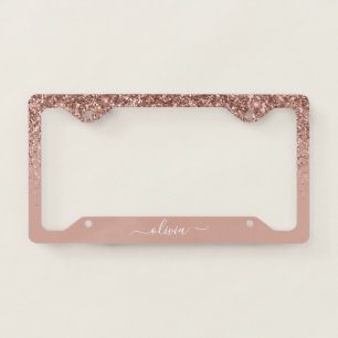 Rose Gold - Blush Pink Glitter Glam Monogram Name License Plate Frame
