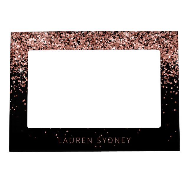 Rose Gold Blush Pink Glitter Glam Monogram Name Magnetic Frame (Front)