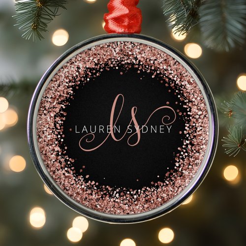 Rose Gold Blush Pink Glitter Glam Monogram Name Metal Ornament