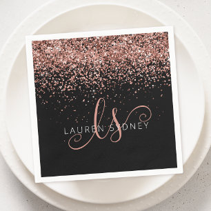 Rose Gold Blush Pink Glitter Glam Monogram Name Napkins