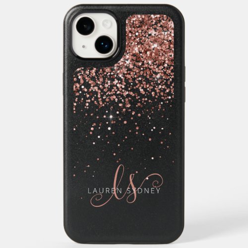Rose Gold Blush Pink Glitter Glam Monogram Name OtterBox iPhone 14 Plus Case