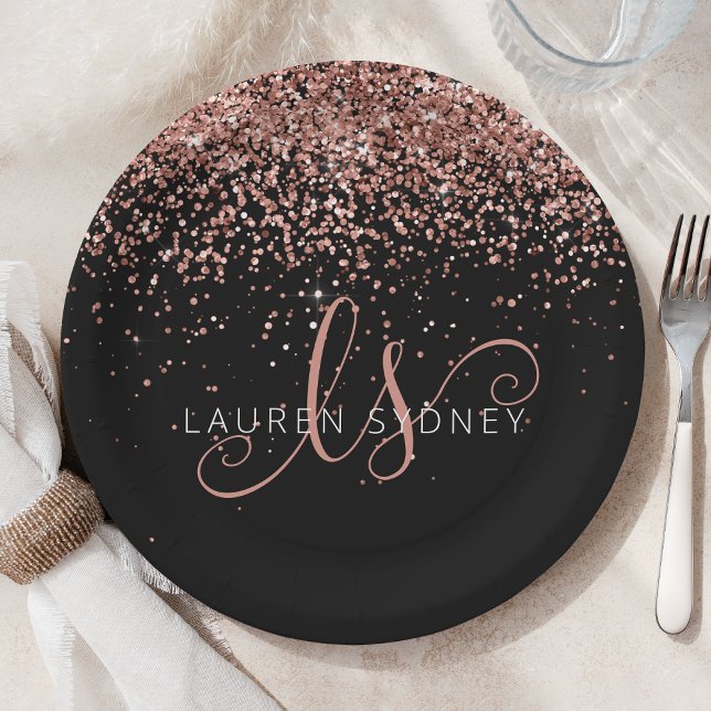 Rose Gold Blush Pink Glitter Glam Monogram Name Paper Plates (Creator Uploaded)
