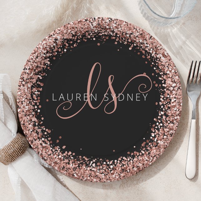 Rose Gold Blush Pink Glitter Glam Monogram Name Paper Plates (Creator Uploaded)