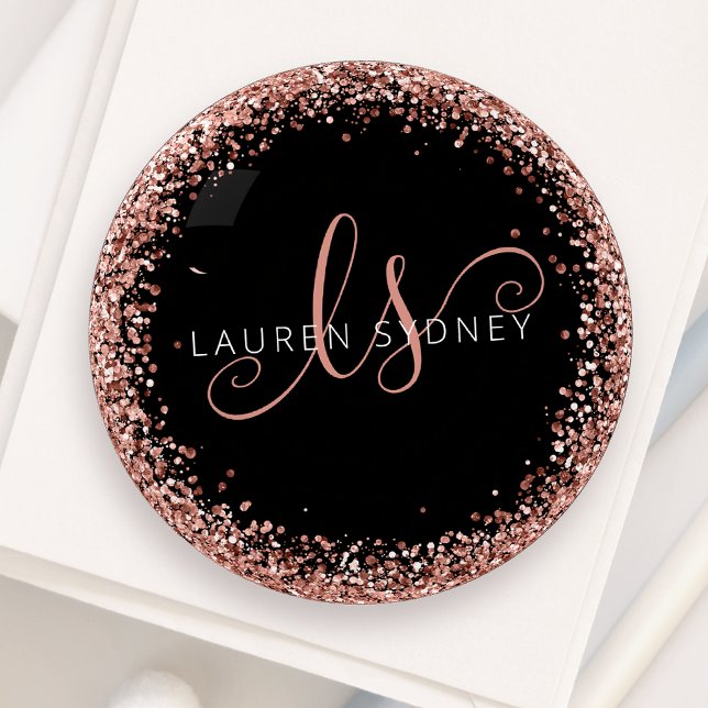 Rose Gold Blush Pink Glitter Glam Monogram Name Paperweight (Creator Uploaded)