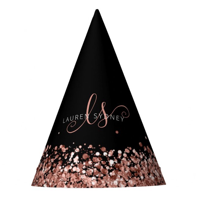 Rose Gold Blush Pink Glitter Glam Monogram Name Party Hat (Front)