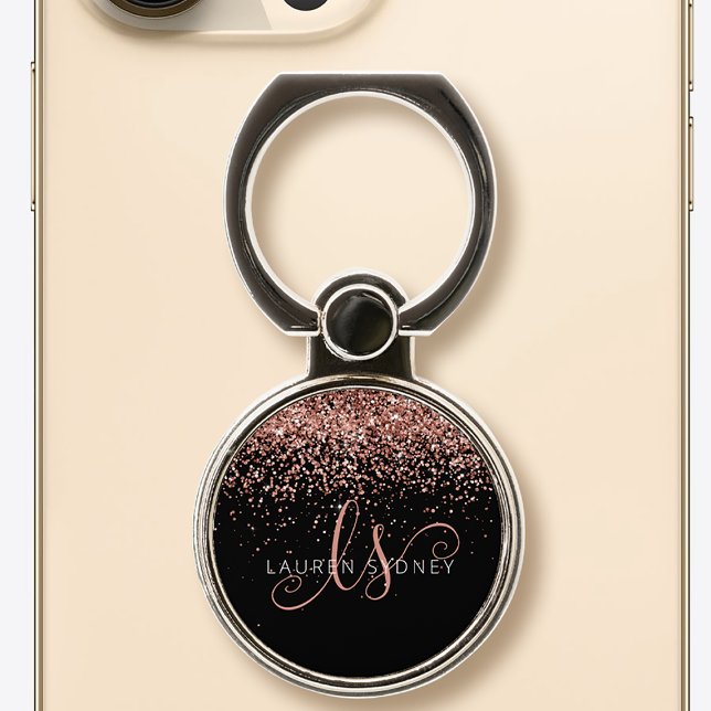 Rose Gold Blush Pink Glitter Glam Monogram Name Phone Ring Stand (Creator Uploaded)