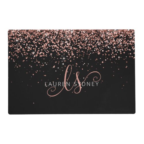 Rose Gold Blush Pink Glitter Glam Monogram Name Placemat