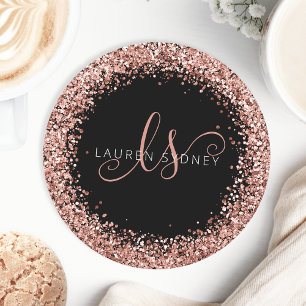 Rose Gold Blush Pink Glitter Glam Monogram Name Round Paper Coaster