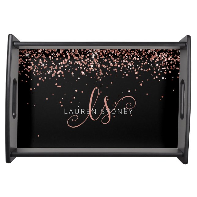 Rose Gold Blush Pink Glitter Glam Monogram Name Serving Tray (Front)
