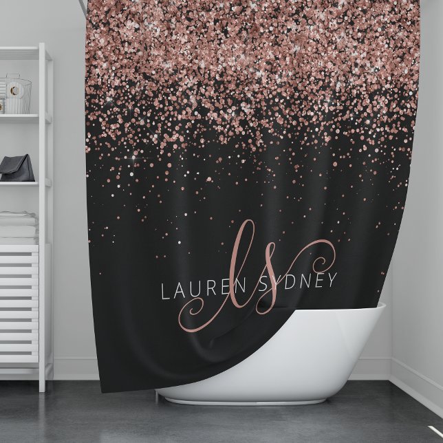 Rose Gold Blush Pink Glitter Glam Monogram Name Shower Curtain (Creator Uploaded)