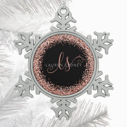 Rose Gold Blush Pink Glitter Glam Monogram Name Snowflake Pewter Christmas Ornament