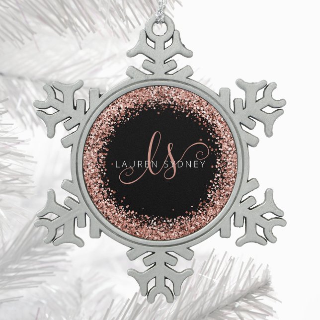 Rose Gold Blush Pink Glitter Glam Monogram Name Snowflake Pewter Christmas Ornament (Creator Uploaded)