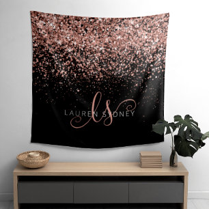 Rose Gold Blush Pink Glitter Glam Monogram Name Tapestry