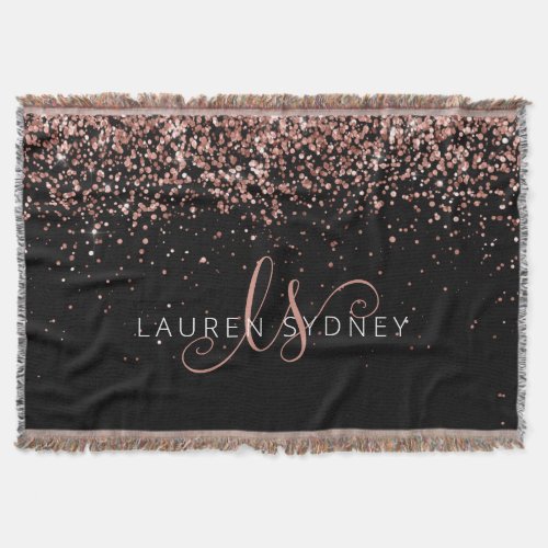 Rose Gold Blush Pink Glitter Glam Monogram Name Throw Blanket