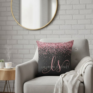 Rose Gold & Blush Pink Glitter Glam Monogram Name Throw Pillow