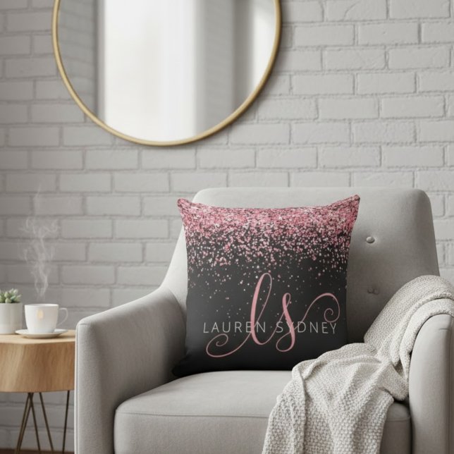 Rose Gold & Blush Pink Glitter Glam Monogram Name Throw Pillow (Creator Uploaded)