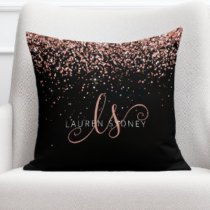 Rose Gold Blush Pink Glitter Glam Monogram Name Throw Pillow