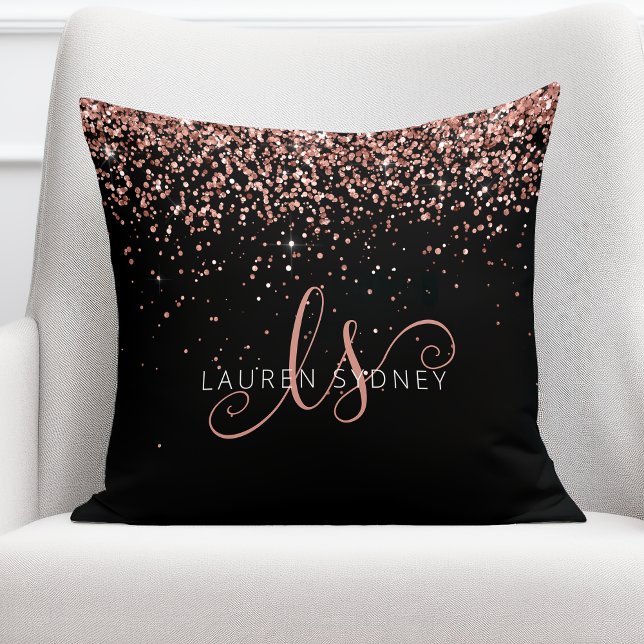 Rose Gold Blush Pink Glitter Glam Monogram Name Throw Pillow (Creator Uploaded)