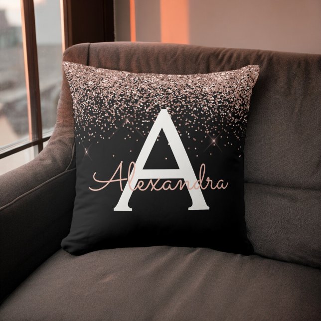 Rose Gold Blush Pink Glitter Glam Monogram Name Throw Pillow (Creator Uploaded)