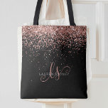 Rose Gold Blush Pink Glitter Glam Monogram Name Tote Bag<br><div class="desc">Glam Rose Gold Glitter Elegant Monogram Tote Bag. Easily personalize this trendy chic tote bag design featuring elegant rose gold sparkling glitter on a black background. The design features your handwritten script monogram with pretty swirls and your name.</div>