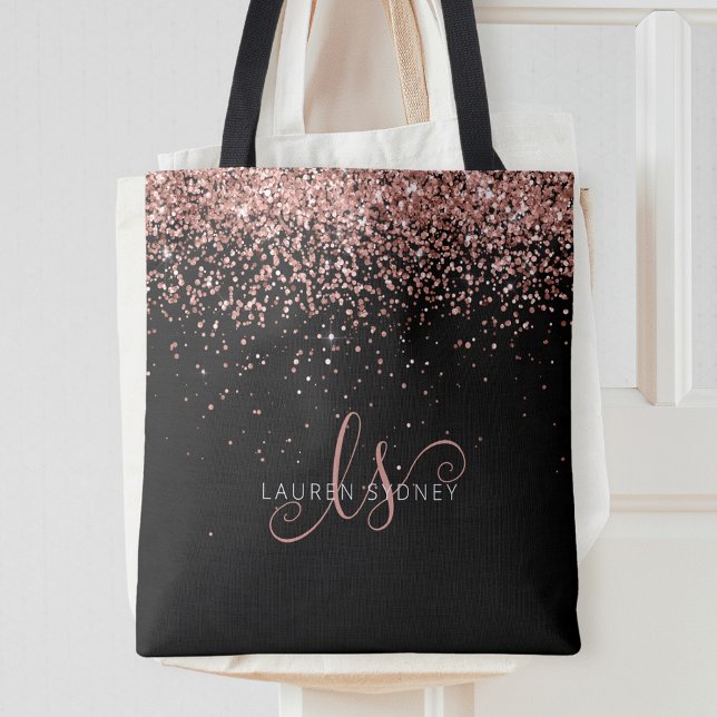 Rose Gold Blush Pink Glitter Glam Monogram Name Tote Bag (Creator Uploaded)