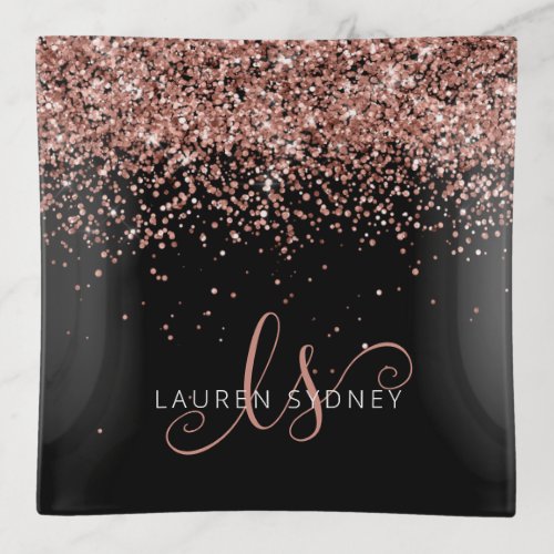 Rose Gold Blush Pink Glitter Glam Monogram Name Trinket Tray