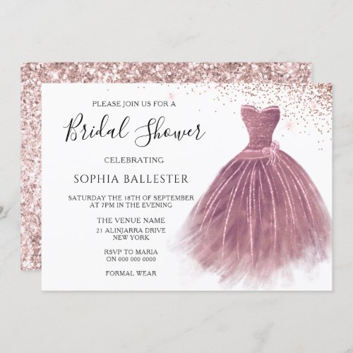 Rose Gold Blush Pink Glitter Gown Bridal Shower Invitation