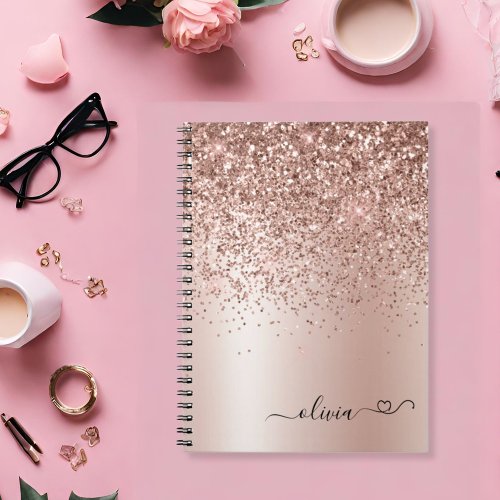 Rose Gold _ Blush Pink Glitter Heart Monogram Name Notebook