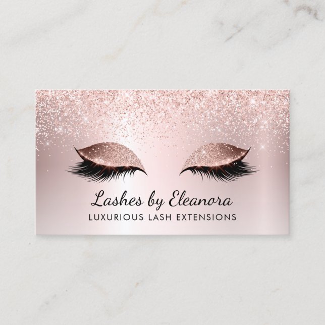Rose Gold Blush Pink Glitter Lash Extensions Business Card (Front)