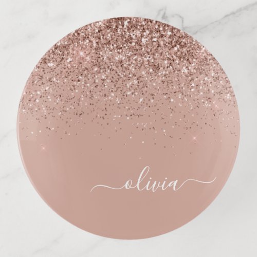 Rose Gold Blush Pink Glitter Luxury Monogram Name Trinket Tray