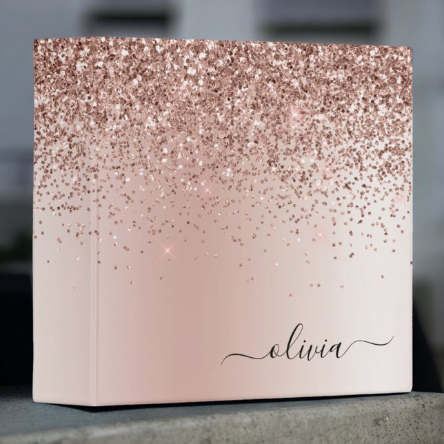 Rose Gold - Blush Pink Glitter Metal Monogram Name 3 Ring Binder (Creator Uploaded)