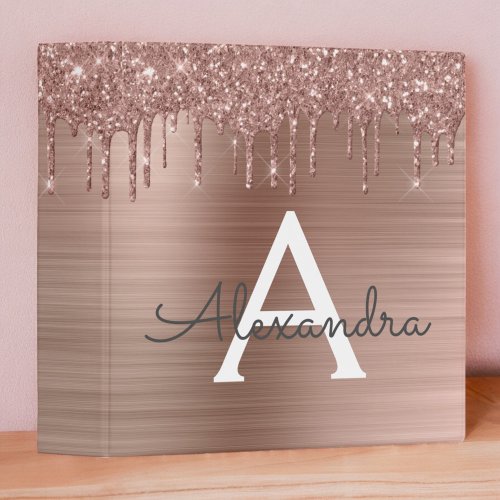 Rose Gold _ Blush Pink Glitter Metal Monogram Name 3 Ring Binder