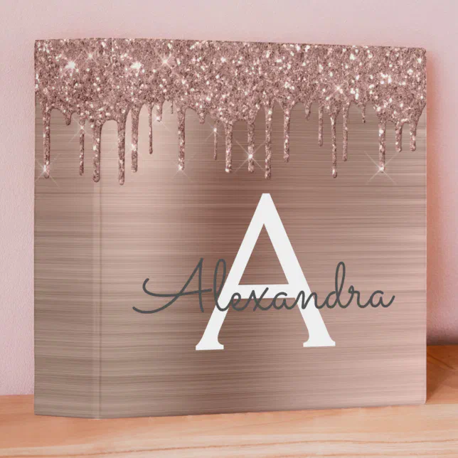 Rose Gold - Blush Pink Glitter Metal Monogram Name 3 Ring Binder | Zazzle