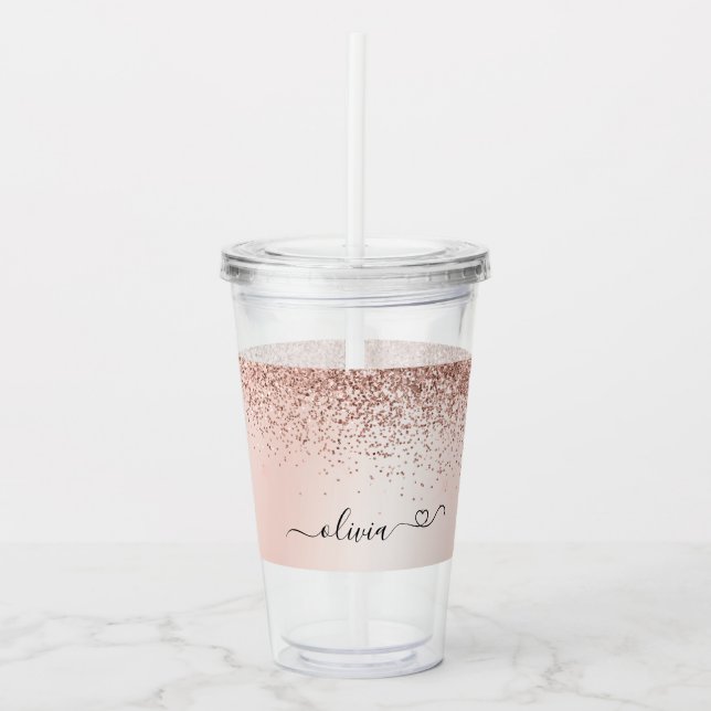 Rose Gold - Blush Pink Glitter Metal Monogram Name Acrylic Tumbler (Front)