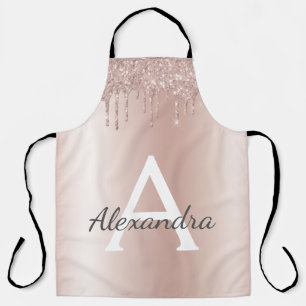Rose Gold - Blush Pink Glitter Metal Monogram Name Apron