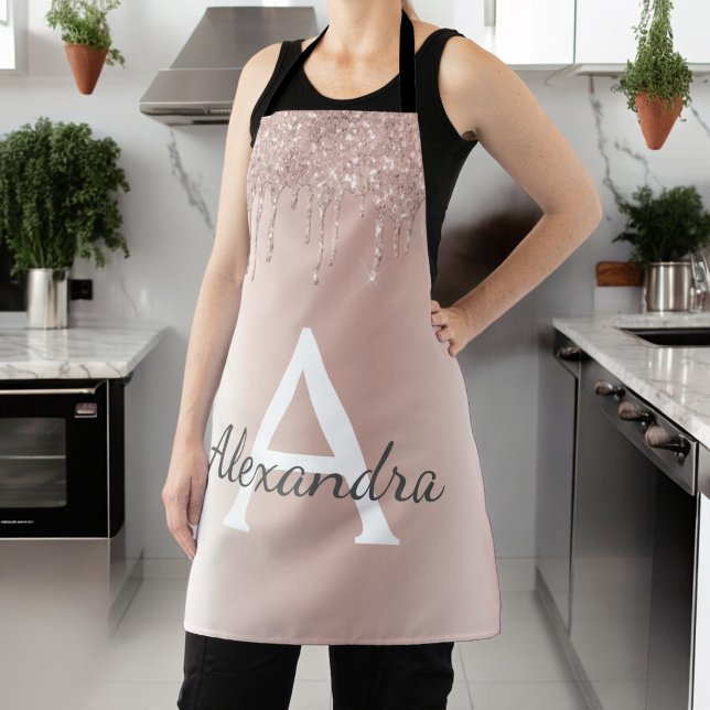 Rose Gold - Blush Pink Glitter Metal Monogram Name Apron (Creator Uploaded)