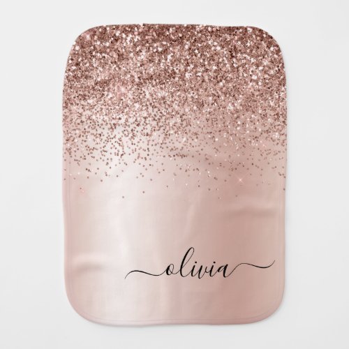 Rose Gold _ Blush Pink Glitter Metal Monogram Name Baby Burp Cloth