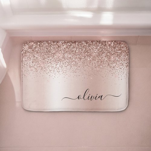 Rose Gold _ Blush Pink Glitter Metal Monogram Name Bath Mat