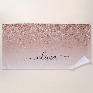Rose Gold - Blush Pink Glitter Metal Monogram Name Beach Towel
