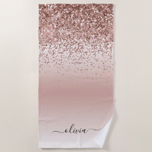 Rose Gold - Blush Pink Glitter Metal Monogram Name Beach Towel