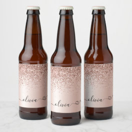 Rose Gold - Blush Pink Glitter Metal Monogram Name Beer Bottle Label