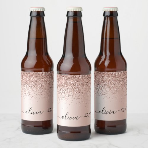 Rose Gold _ Blush Pink Glitter Metal Monogram Name Beer Bottle Label