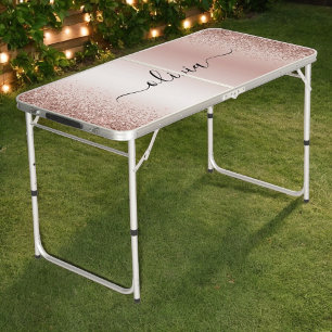 Rose Gold - Blush Pink Glitter Metal Monogram Name Beer Pong Table