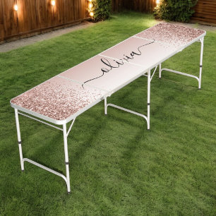 Rose Gold - Blush Pink Glitter Metal Monogram Name Beer Pong Table