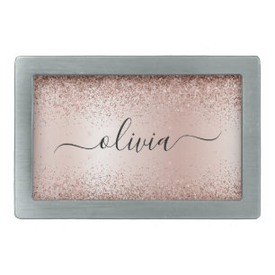 Rose Gold - Blush Pink Glitter Metal Monogram Name Belt Buckle