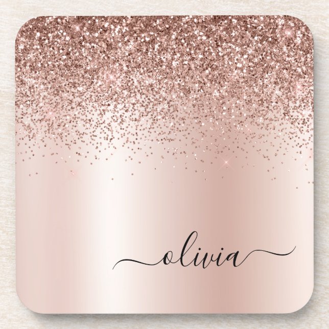Rose Gold - Blush Pink Glitter Metal Monogram Name Beverage Coaster (Front)