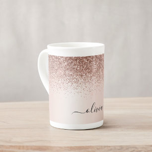 Rose Gold - Blush Pink Glitter Metal Monogram Name Bone China Mug
